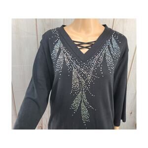 Isaac's Designs Women 1X Black Shirt Top Rhinestone Embellished Combed Cotton Bl